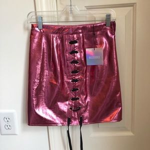 NWT pink metallic lace up skirt